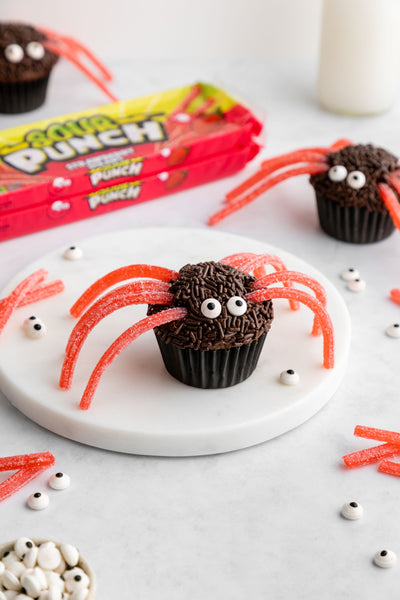 Sour Punch Spider Cupcakes with Sour Punch Strawberry Straws Candy