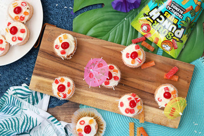 Display of Sour Punch Tropical Bites, Pina Colada Cupcakes