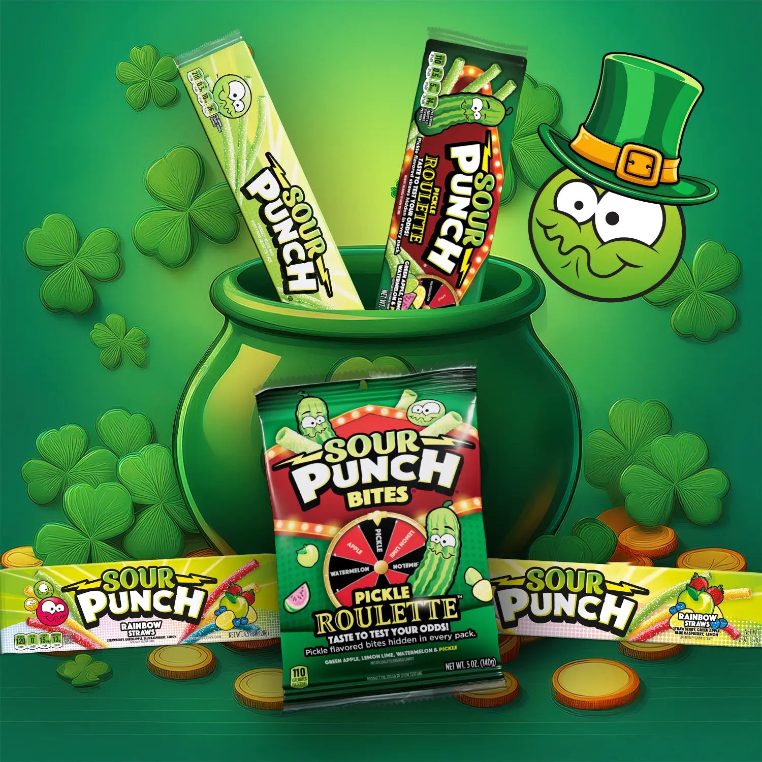 St Patricks Day Candy featuring Sour Punch Green Candy and Rainbow Items