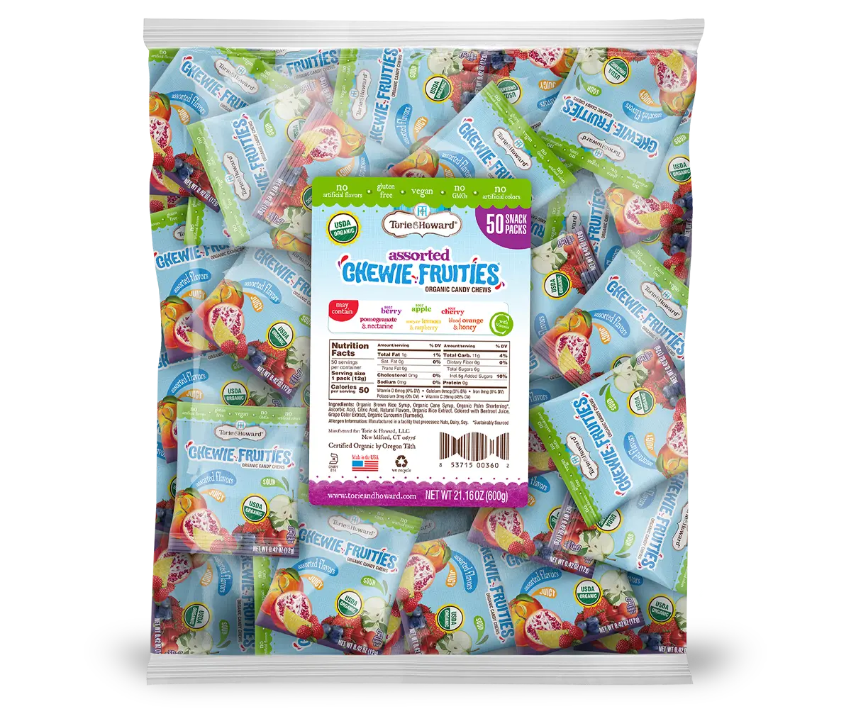 Front of Chewie Fruities Organic Snack Packs 21.16oz Bag with 50 Snack Packs