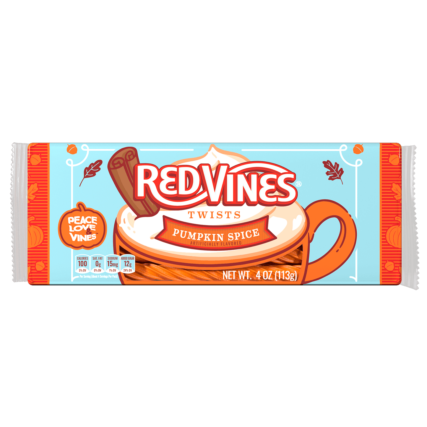 Front of Red Vines Pumpkin Spice Twists Halloween Candy 4oz Tray