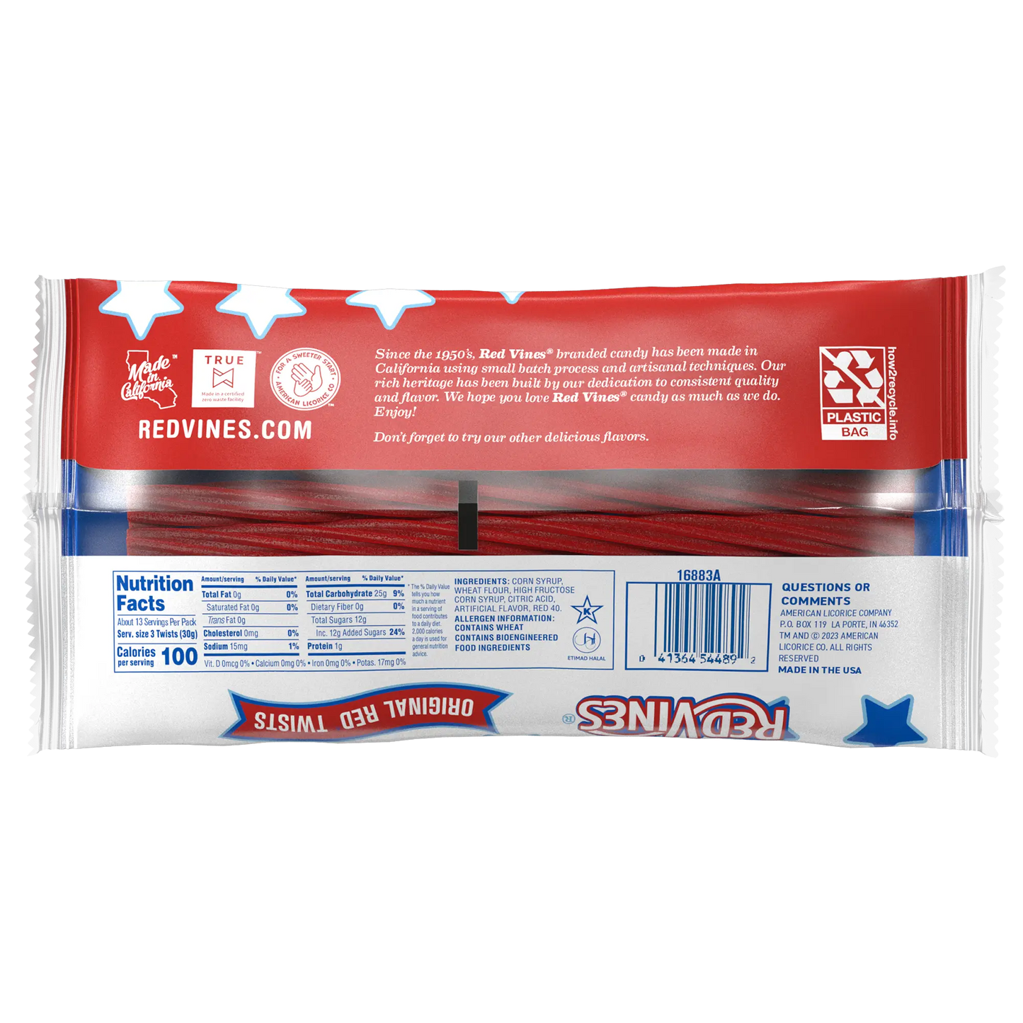 Back of Red Vines Americana Original Red Licorice 14oz summer candy bag