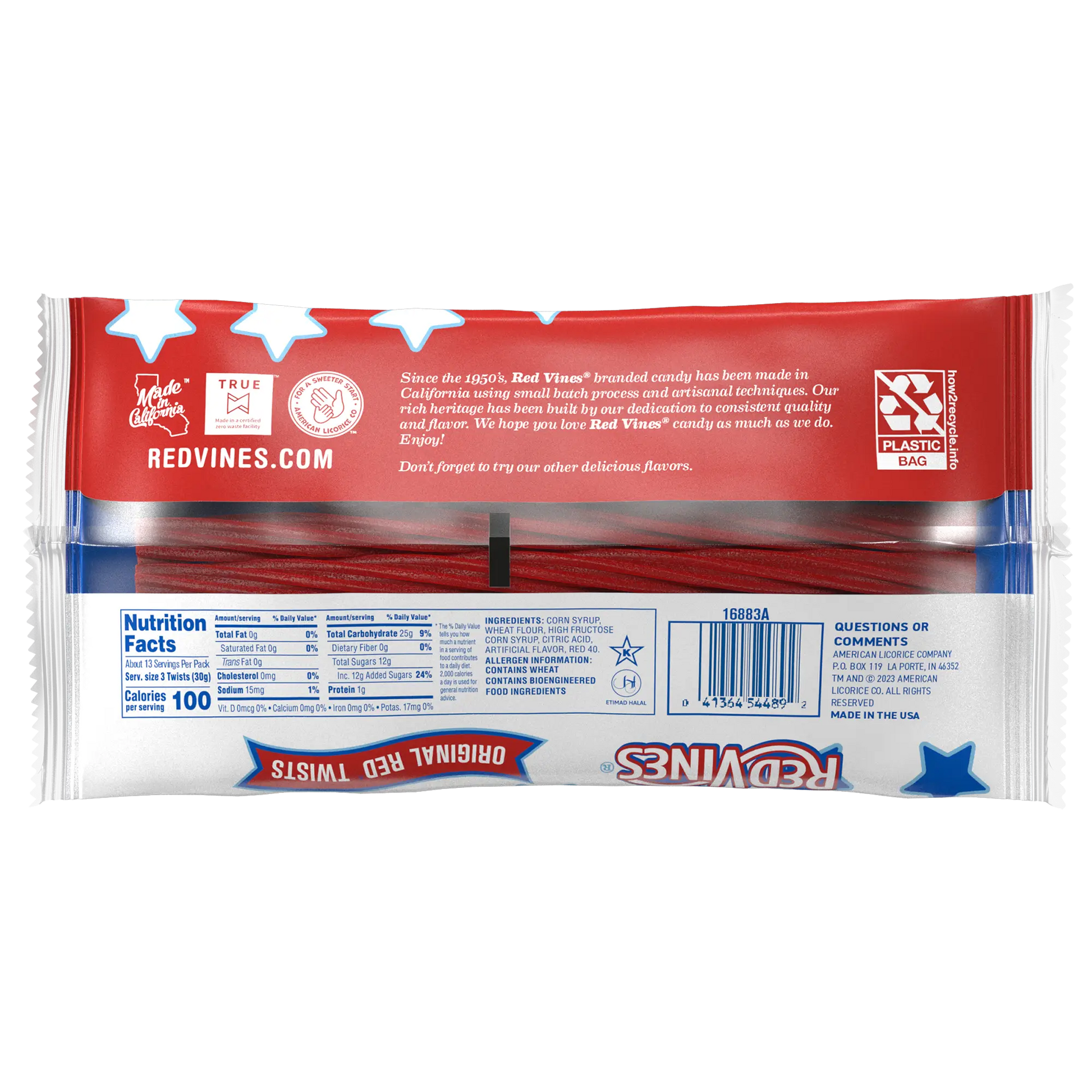 Back of Red Vines Americana Original Red Licorice 14oz summer candy bag