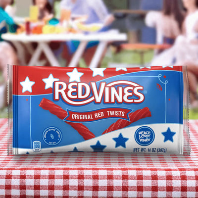 Red Vines Original Red Twists bag sitting on a picnic table