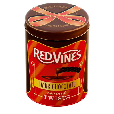 Red Vines Chocolate Covered Licorice 1lb Tin with gifting bow design and limited edition note on top of tin