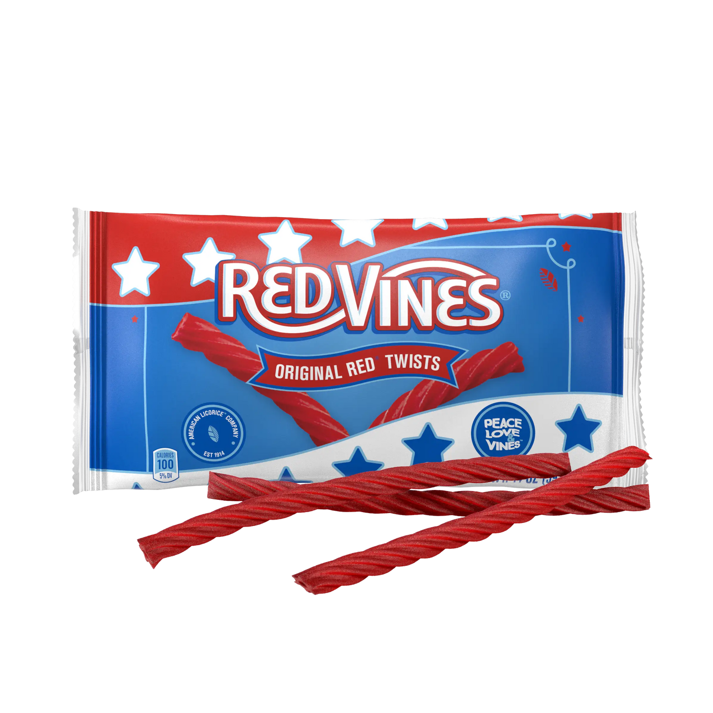Red Vines Americana Original Red Licorice 14oz summer candy bag with licorice twists in front