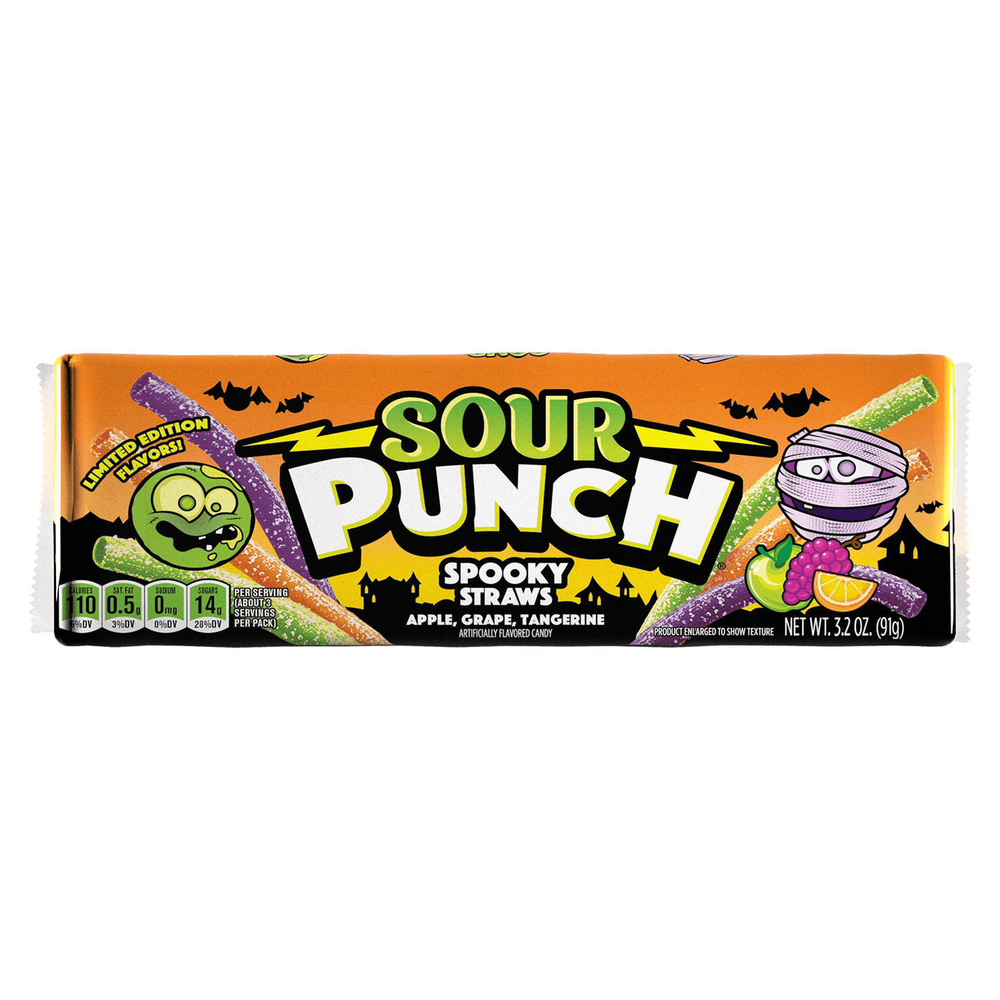 Front of Sour Punch Spooky Straws Halloween Candy 3.2oz Tray