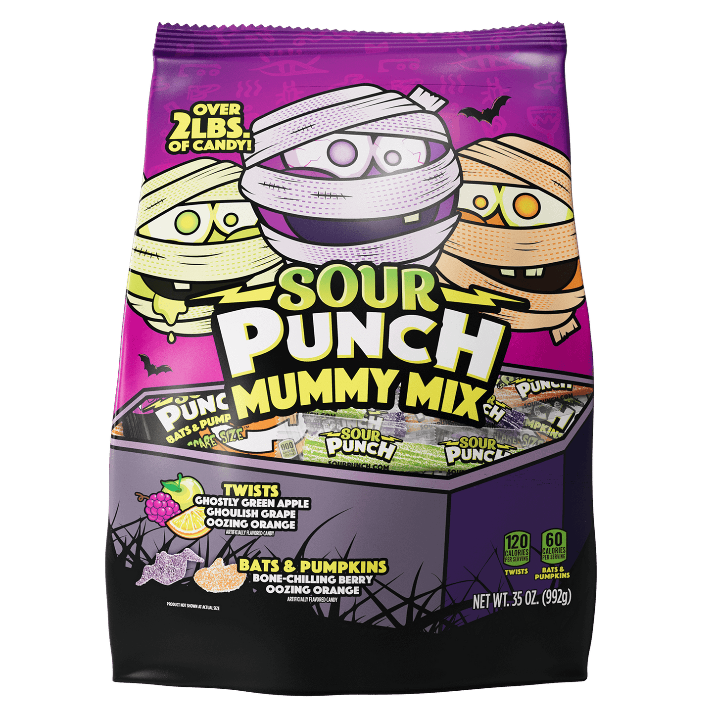 Front of SOUR PUNCH Mummy Mix Halloween Candy 35oz Bag