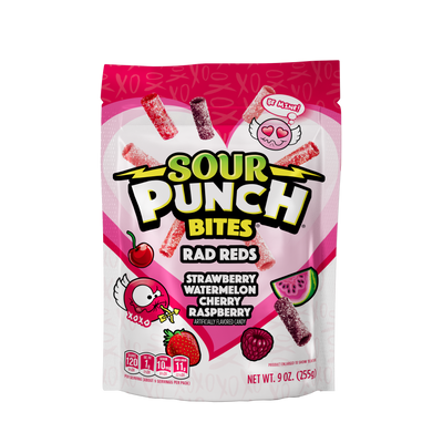 Front of SOUR PUNCH Rad Reds Valentine's Day Candy Bites 9oz bag