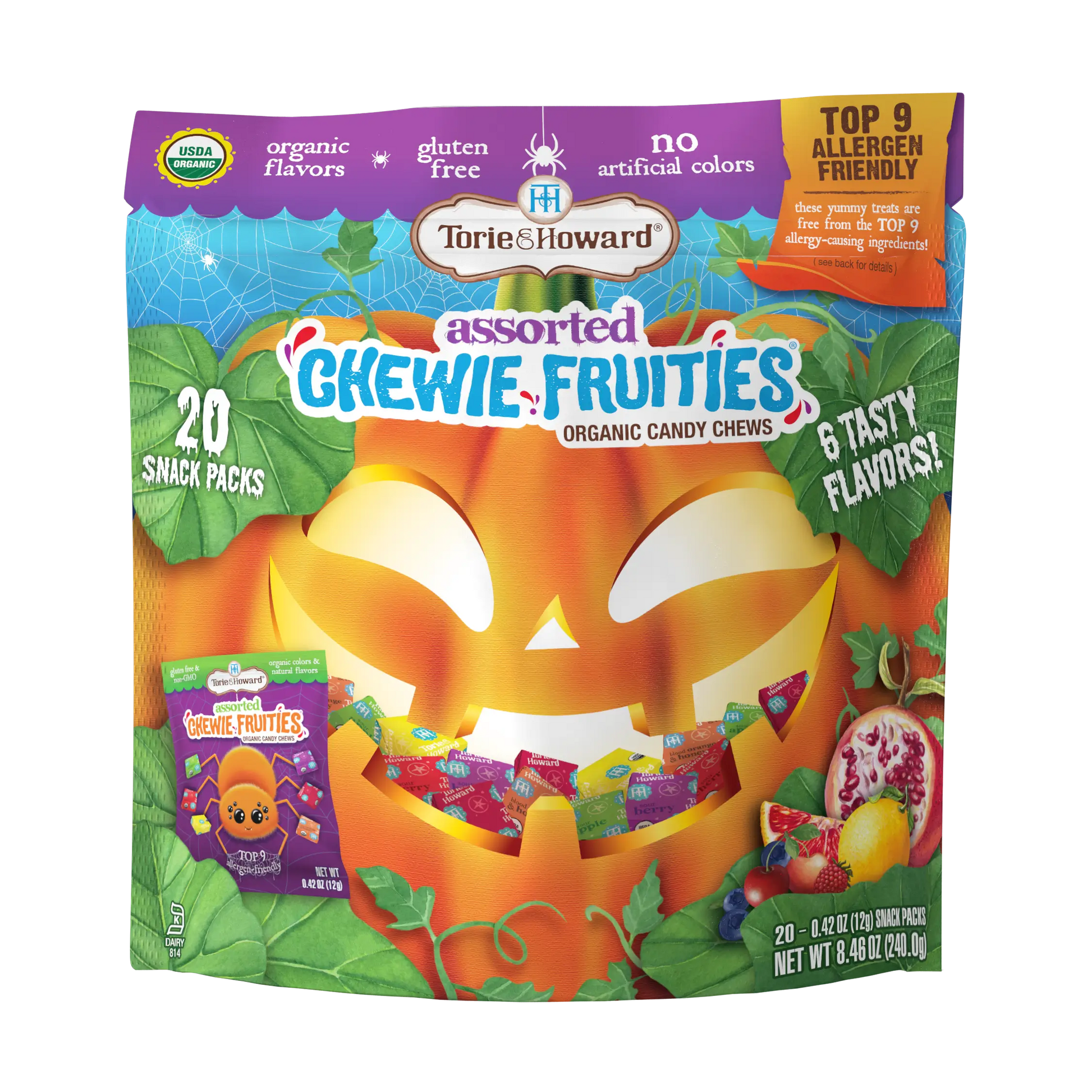 Front of Chewie Fruities Organic Halloween Candy 8.46oz Bag with 20 Snack Packs
