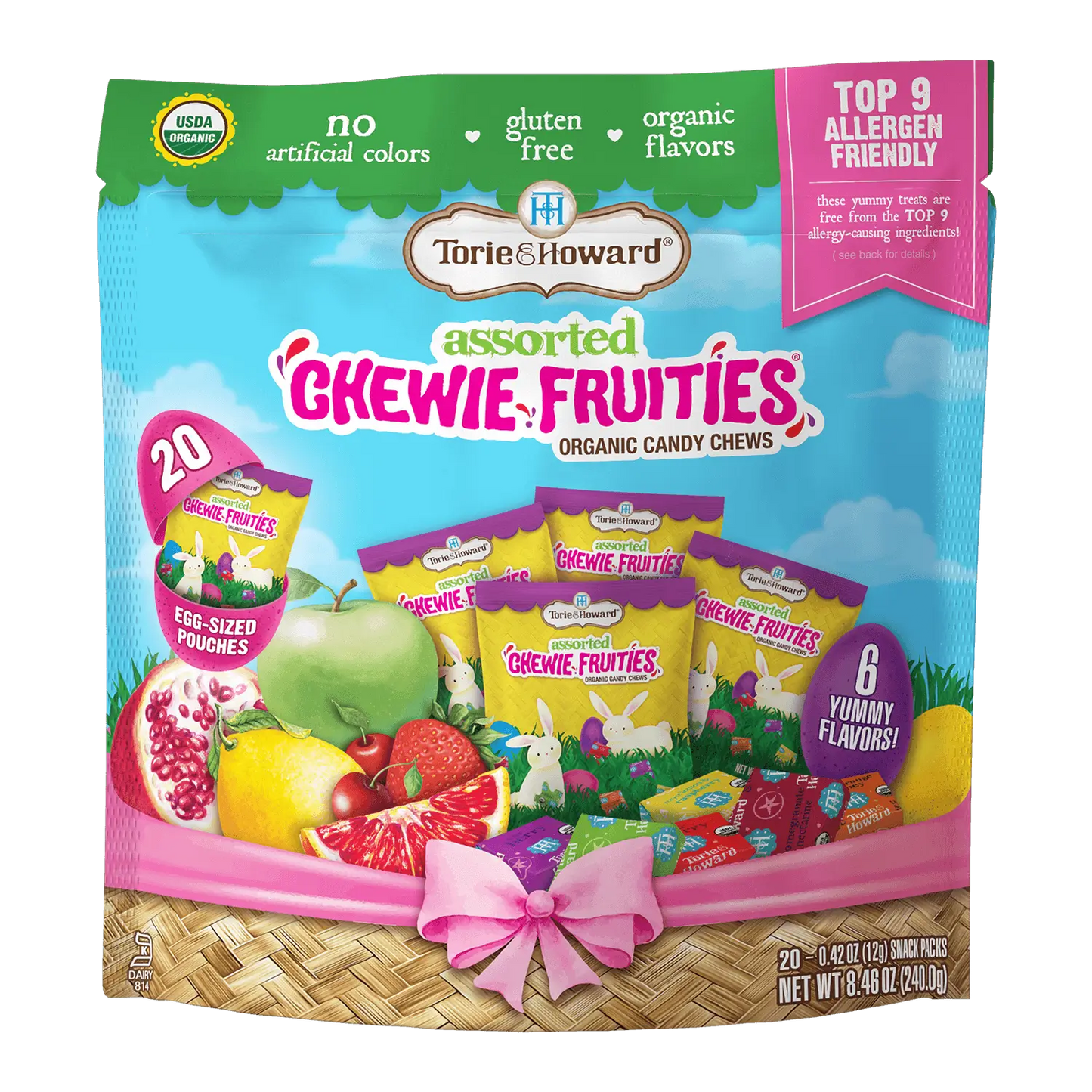 Front of Chewie Fruities Organic Easter Candy 8.46oz Bag with 20 Snack Packs