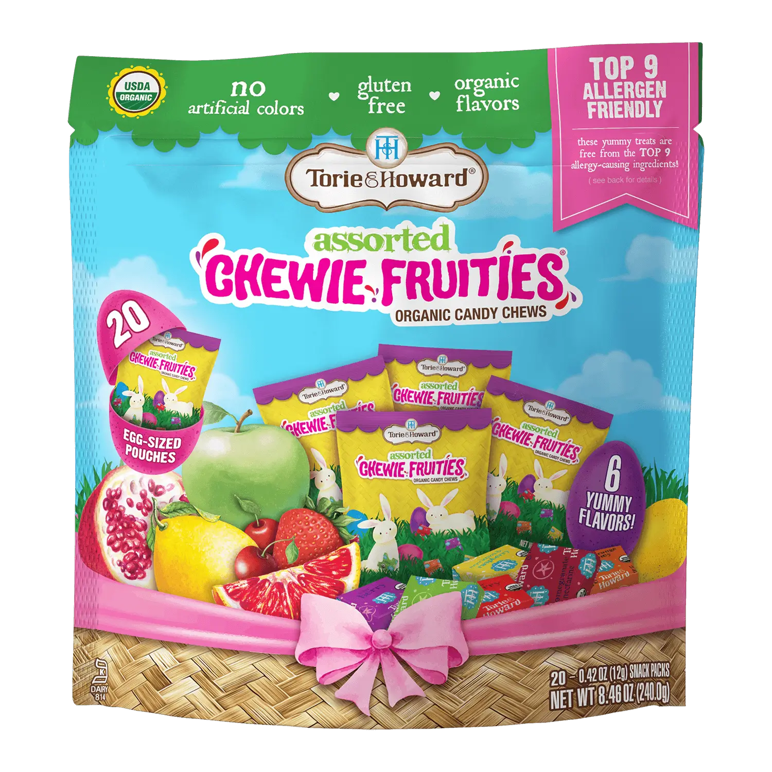 Front of Chewie Fruities Organic Easter Candy 8.46oz Bag with 20 Snack Packs