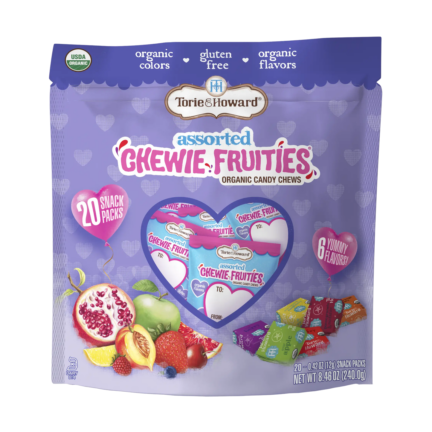 Front of Chewie Fruities Organic Valentine Candy 8.46oz Bag with 20 Snack Packs