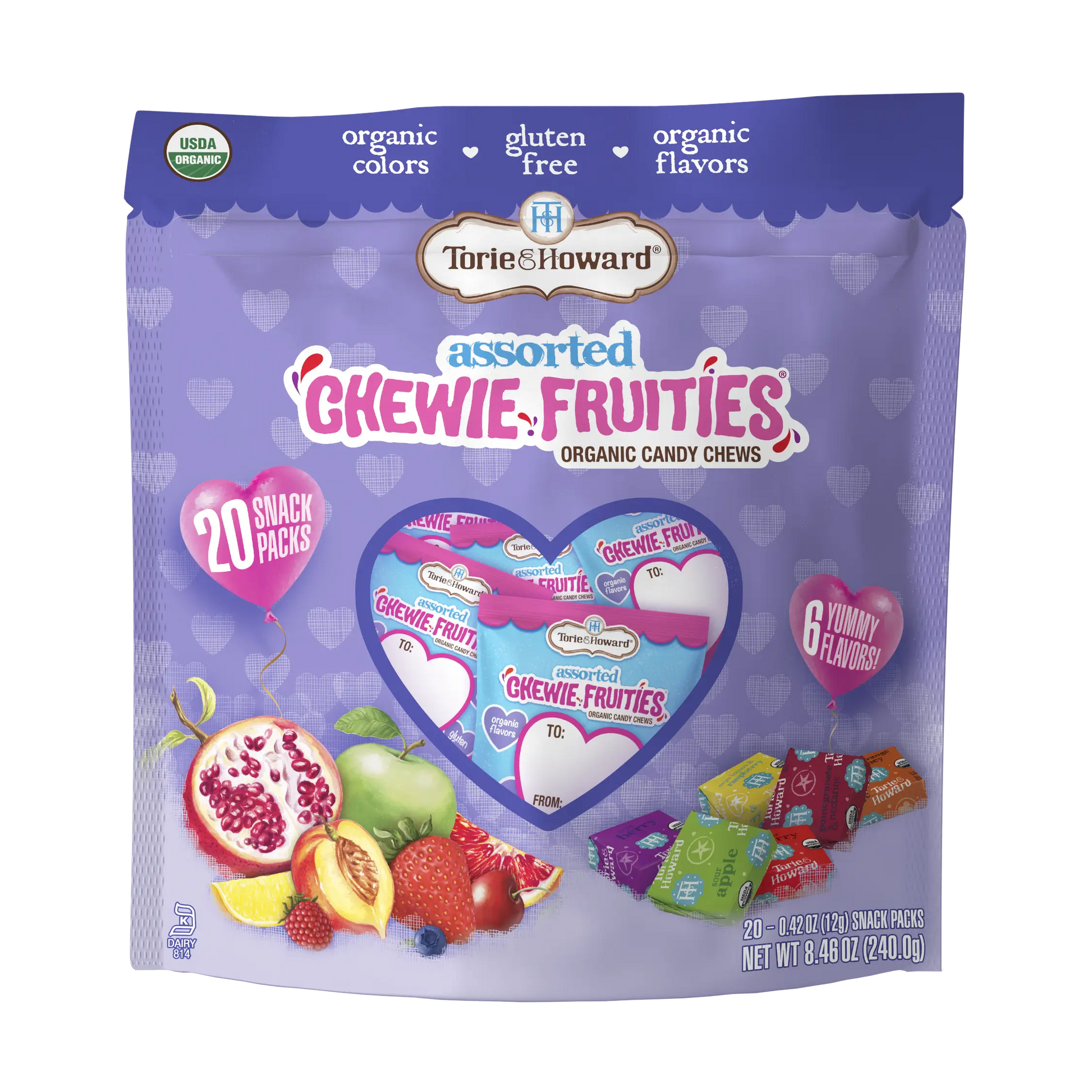 Front of Chewie Fruities Organic Valentine Candy 8.46oz Bag with 20 Snack Packs