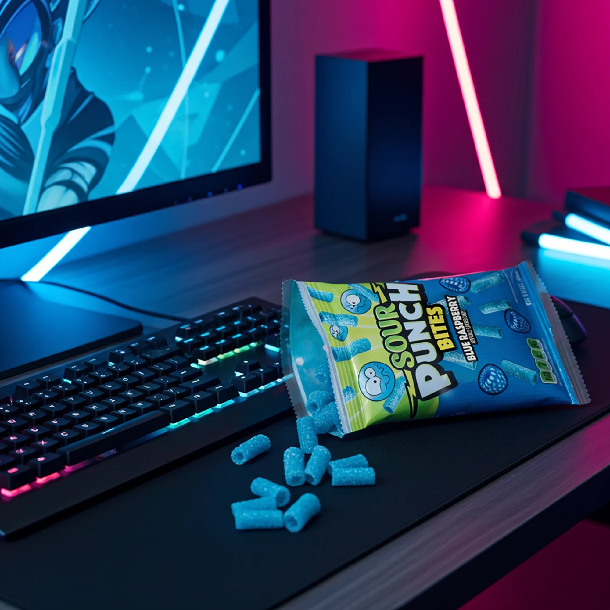 Open bag of Sour Punch Blue Raspberry Bites on a gaming computer desk