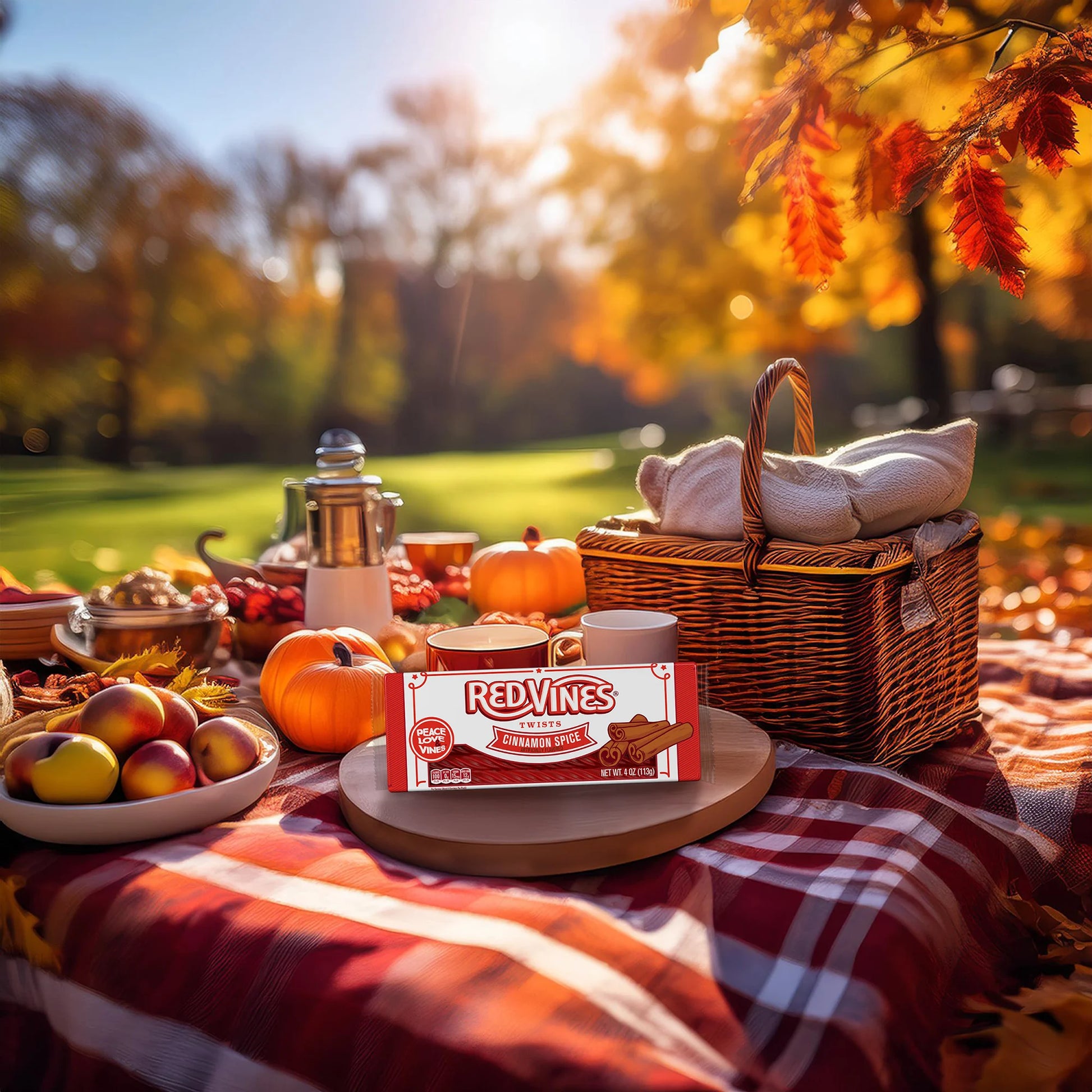 Fall day with Red Vines Twists Cinnamon Spice 4oz Tray on picnic blanket with other picnic treats