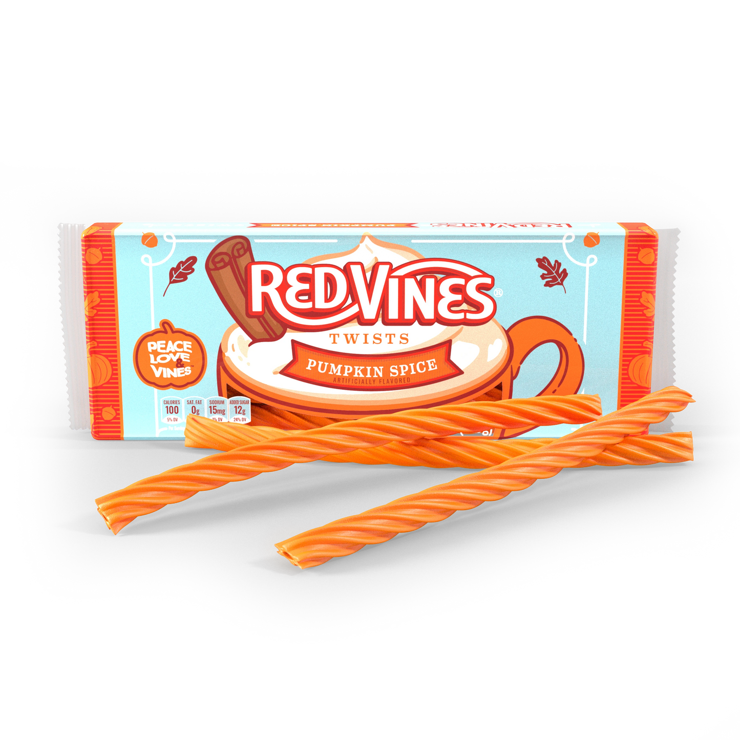 RED VINES Pumpkin Spice Halloween Candy Twists - front of 4oz tray with raw candy twists