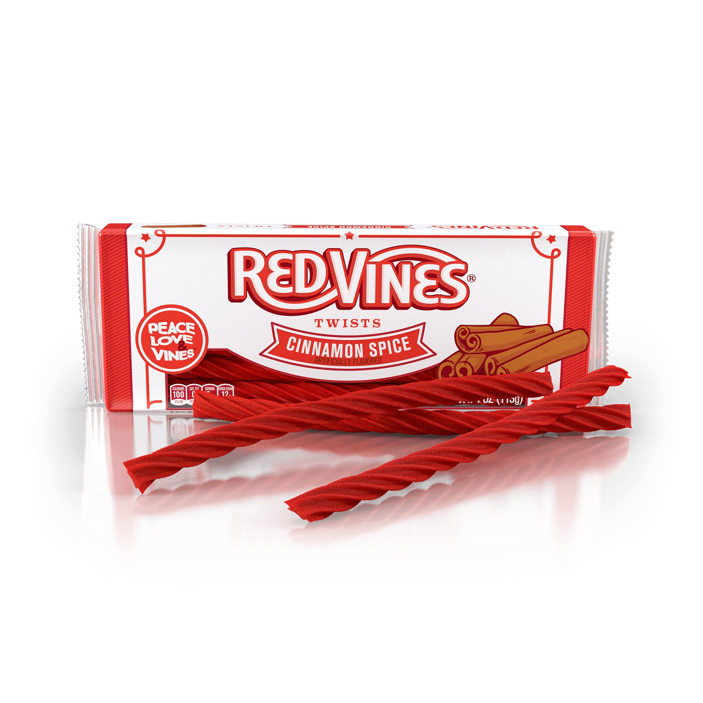 Chewy Cinnamon Twists in front of Red Vines Twists Cinnamon Spice 4oz Tray