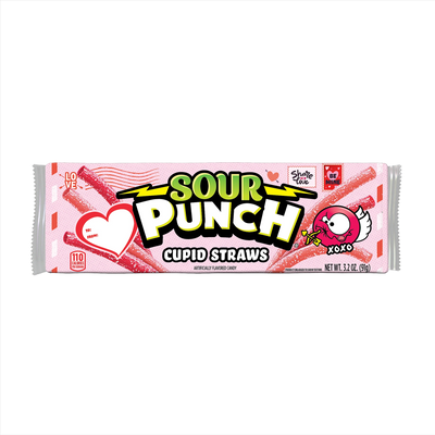 Front of SOUR PUNCH Cupid Straws valentine candy tray