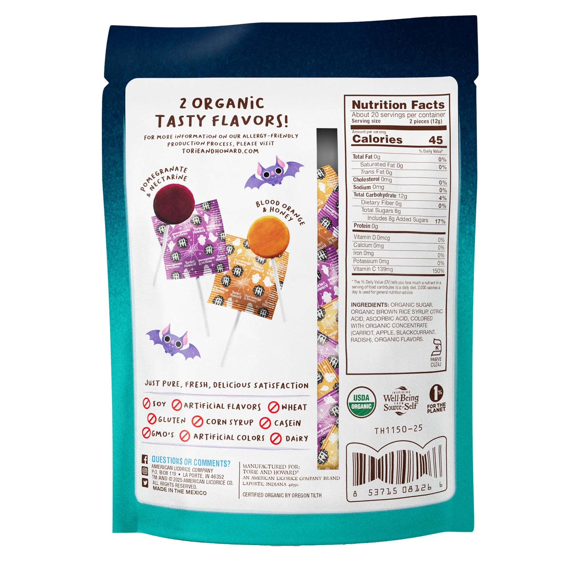 Organic Halloween Candy Lollipops by Torie & Howard - Back of 8.7oz Bag