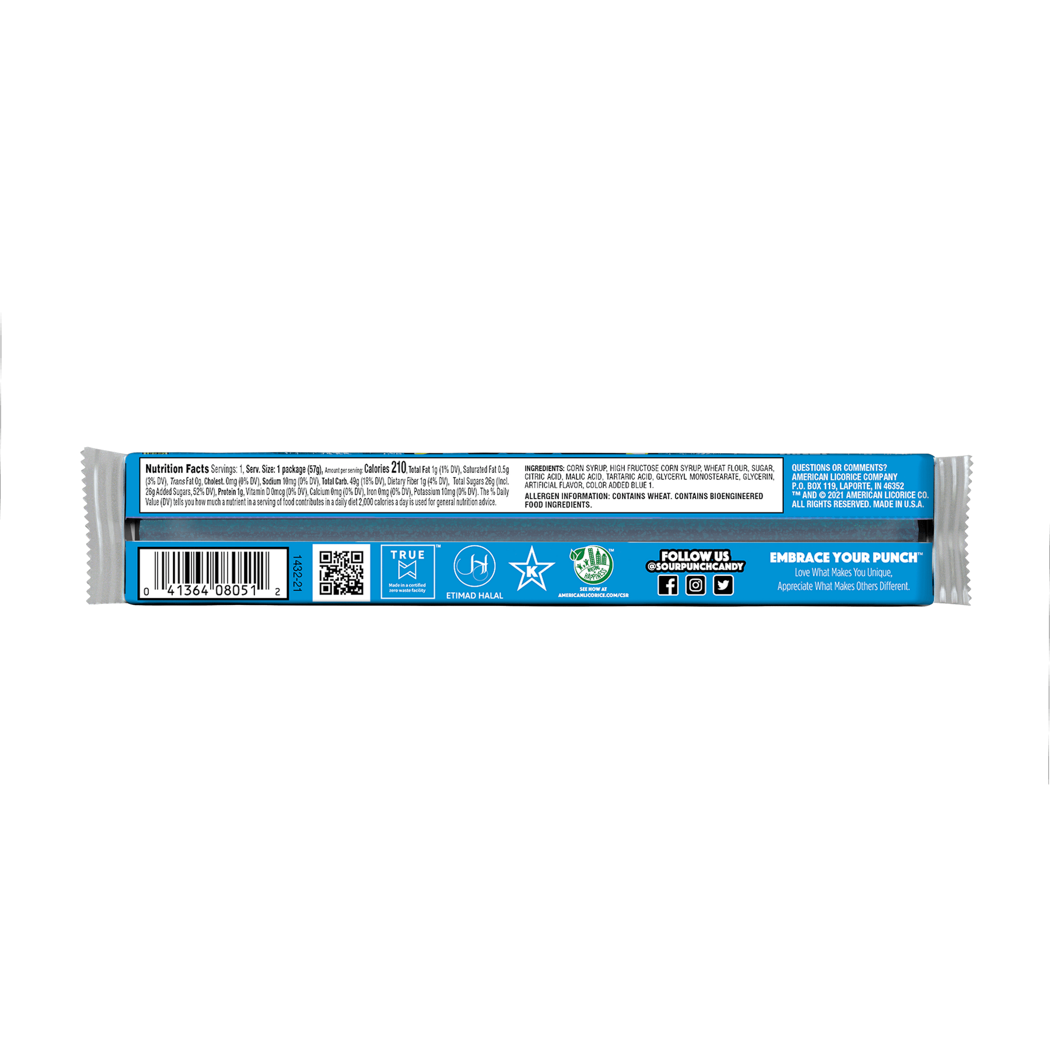 Back of Sour Punch Blue Raspberry Candy Straws 2oz Tray