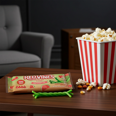 Red Vines Watermelon Twisted Vines 2.5oz Bag on a table with popcorn and a piece of candy out of the bag