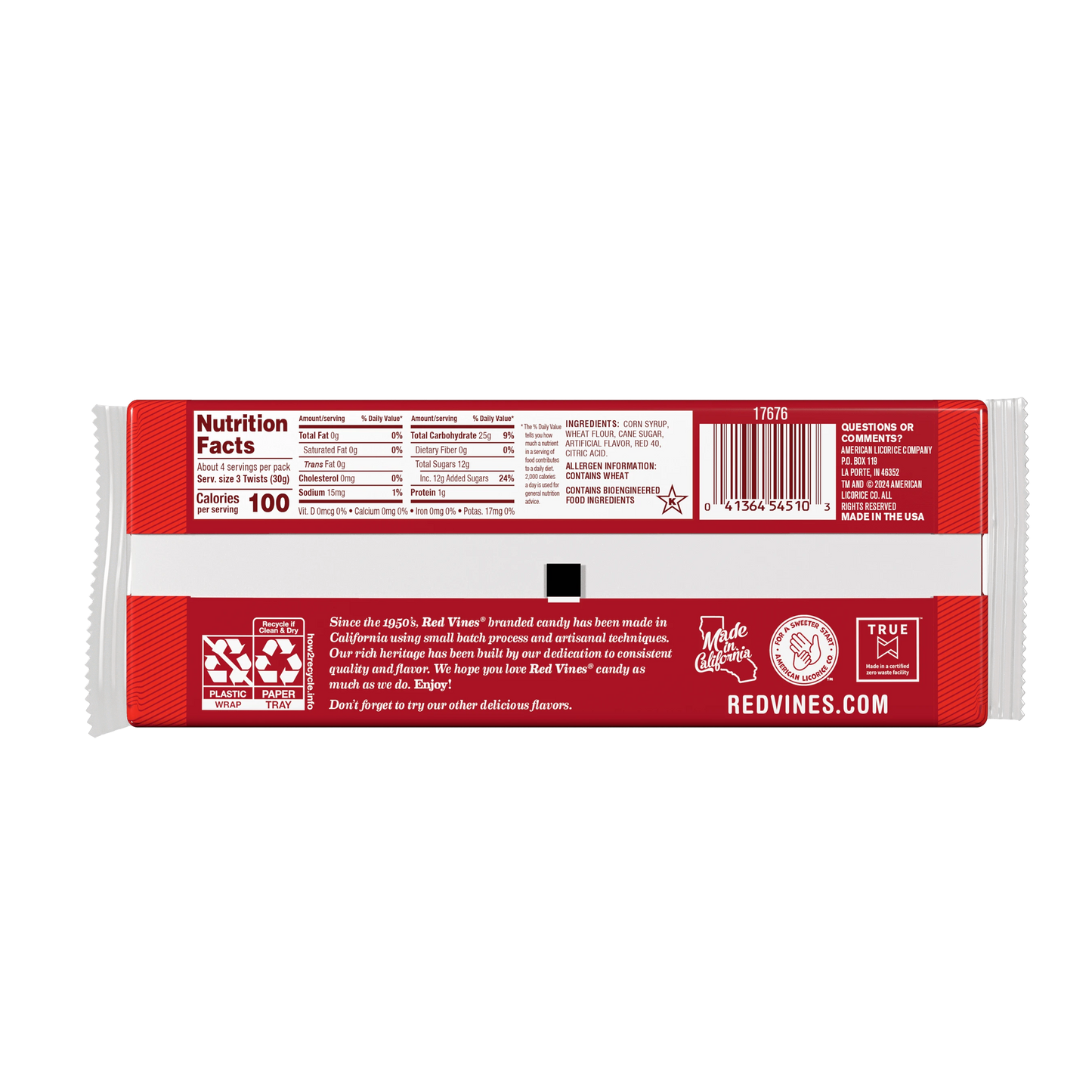 Back of Red Vines Twists Cinnamon Spice 4oz Tray