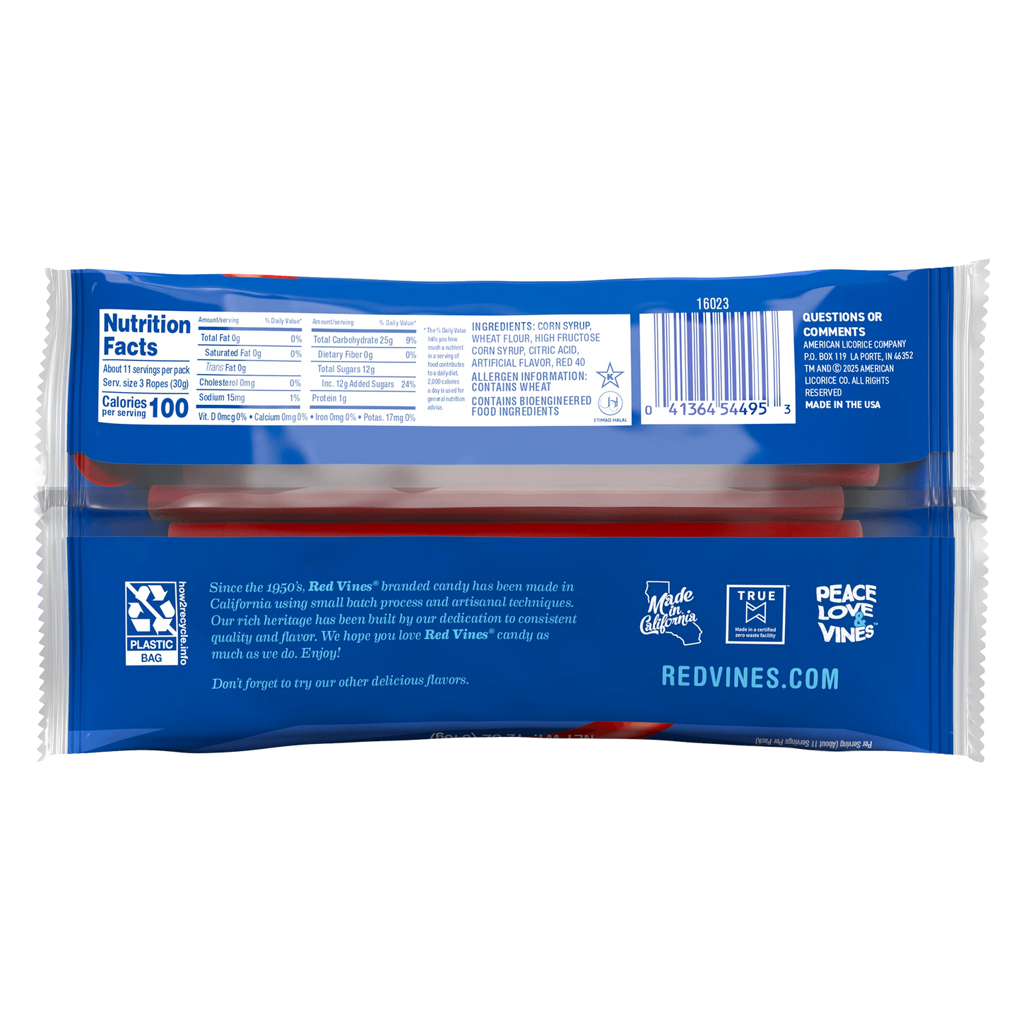 RED VINES Red Ropes Licorice Candy back of 12oz bag