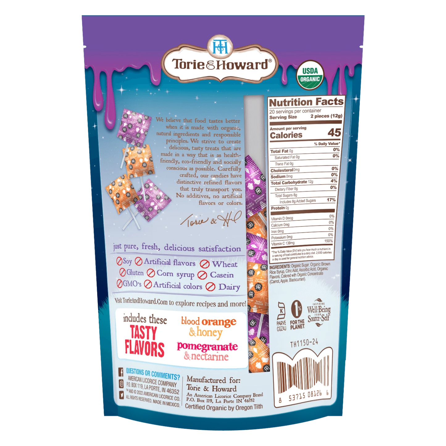 Organic Halloween Candy Lollipops by Torie & Howard - Back of 8.7oz Bag