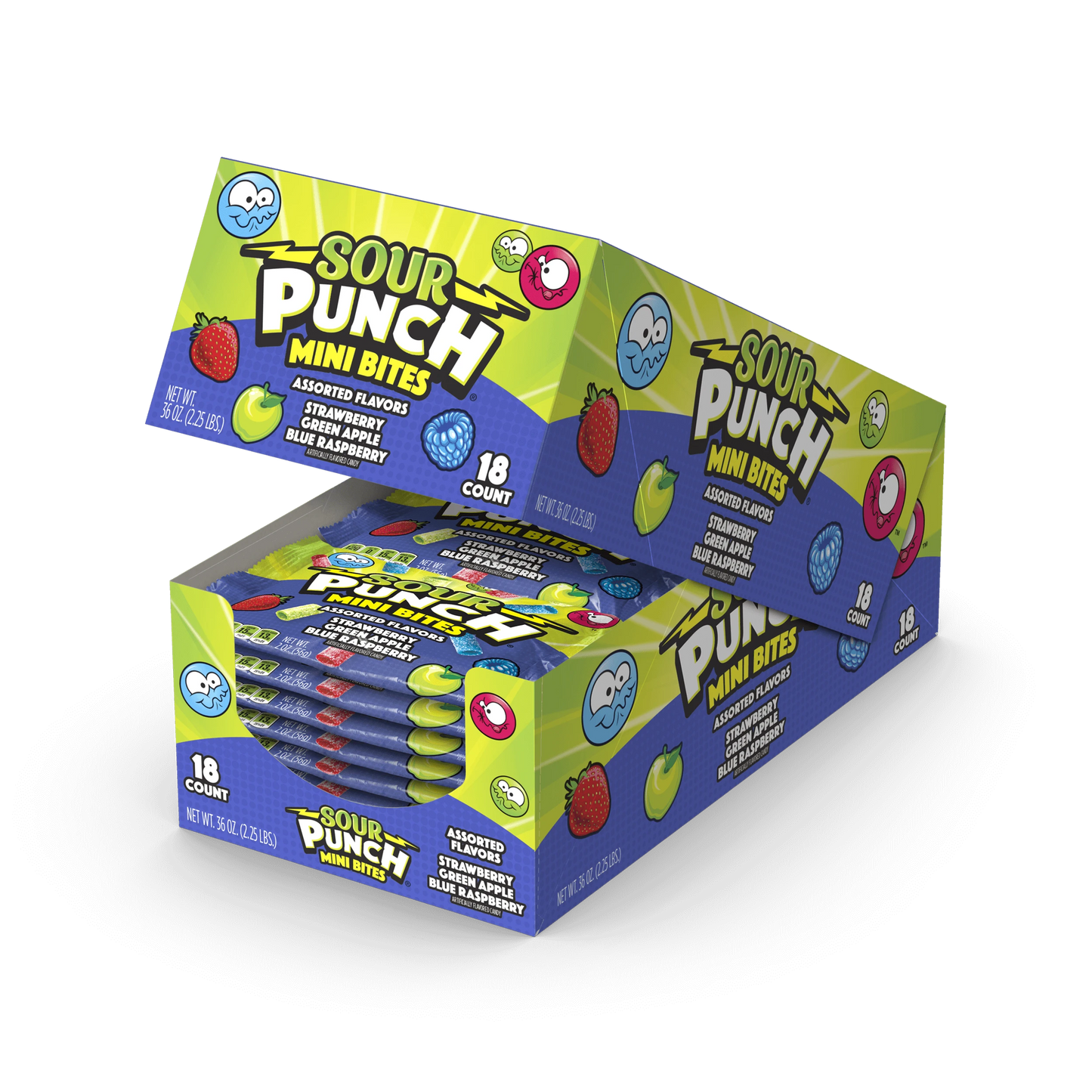 Open box of 18 Sour Punch Mini Bites Assorted candy fruit chew packages