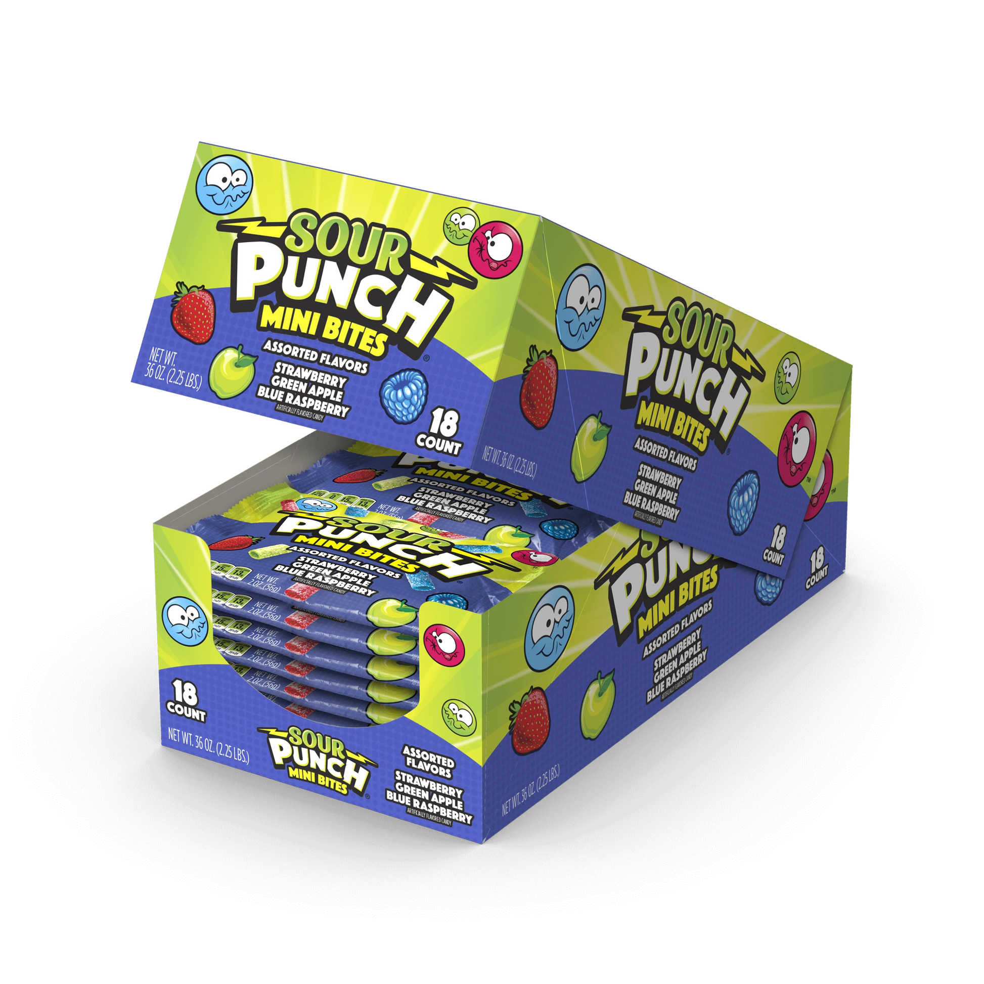 Open box of 18 Sour Punch Mini Bites Assorted candy fruit chew packages