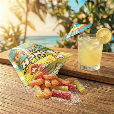 Sour Punch Bites Tropical candies on a wooden counter with a fruity drink on the beach