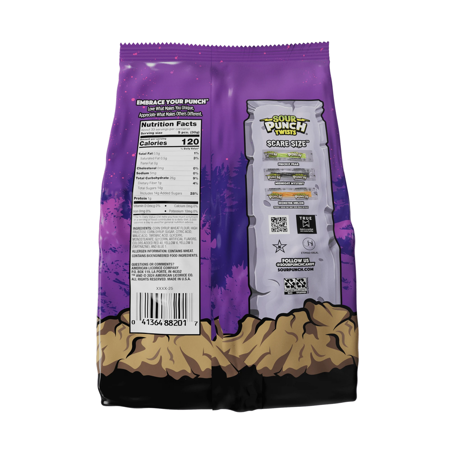 SOUR PUNCH Individually Wrapped Halloween Candy Twists - back of 35oz bag
