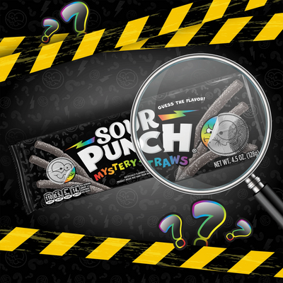 Sour Punch Mystery Straws 4.5oz Tray under a magnifying glass. Try and Guess the Flavor.