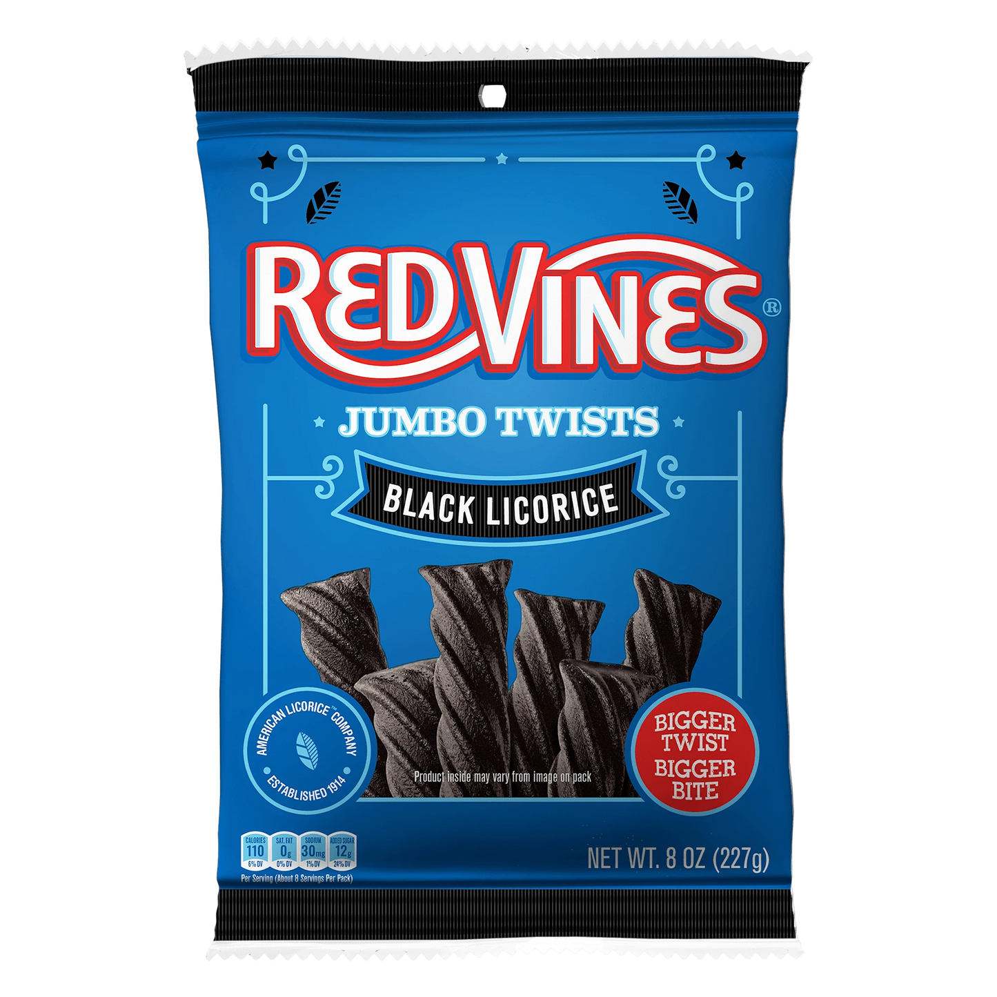 Front of RED VINES Black Licorice Jumbo Twists Candy 8oz bag