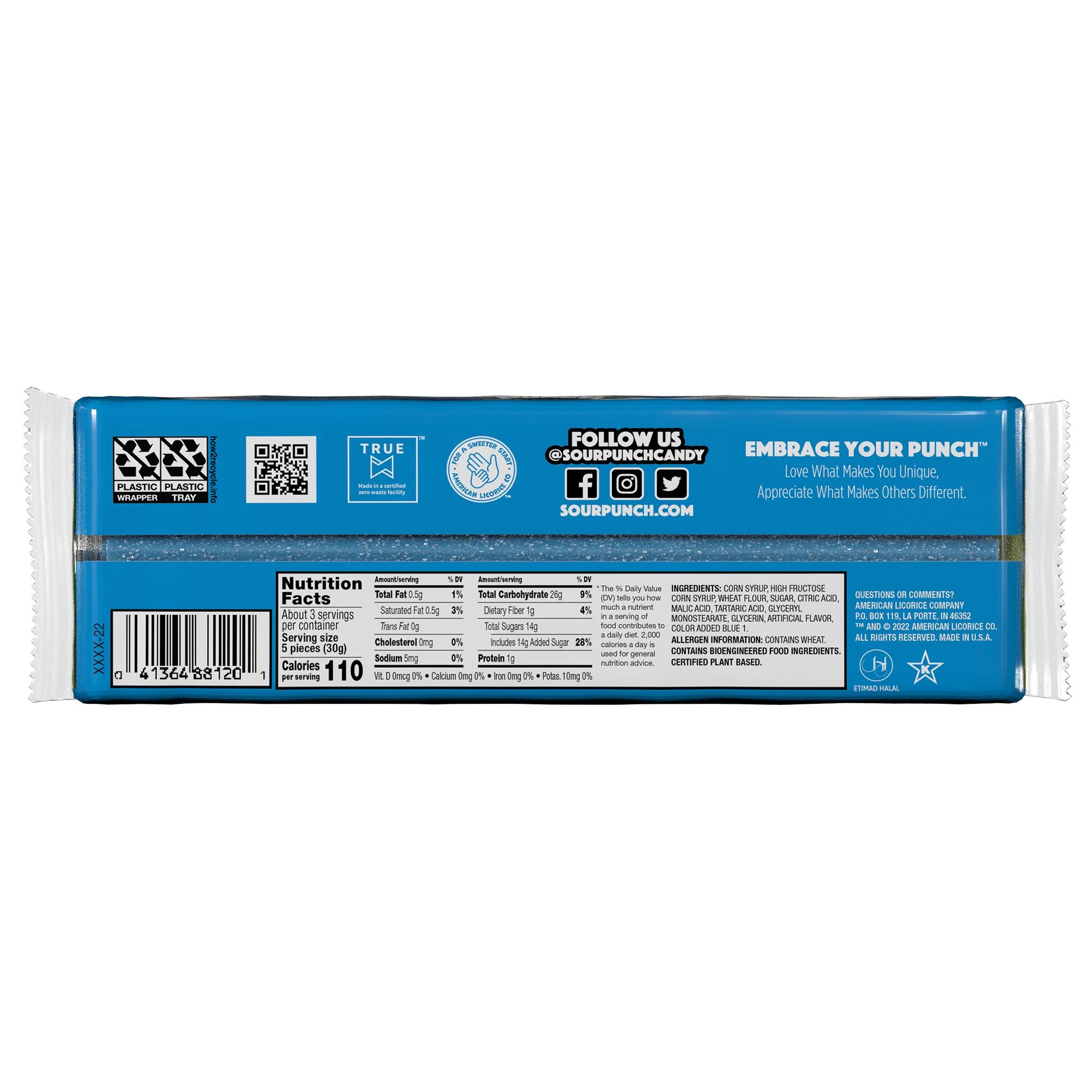 Back of Sour Punch Blue Raspberry Straws Candy