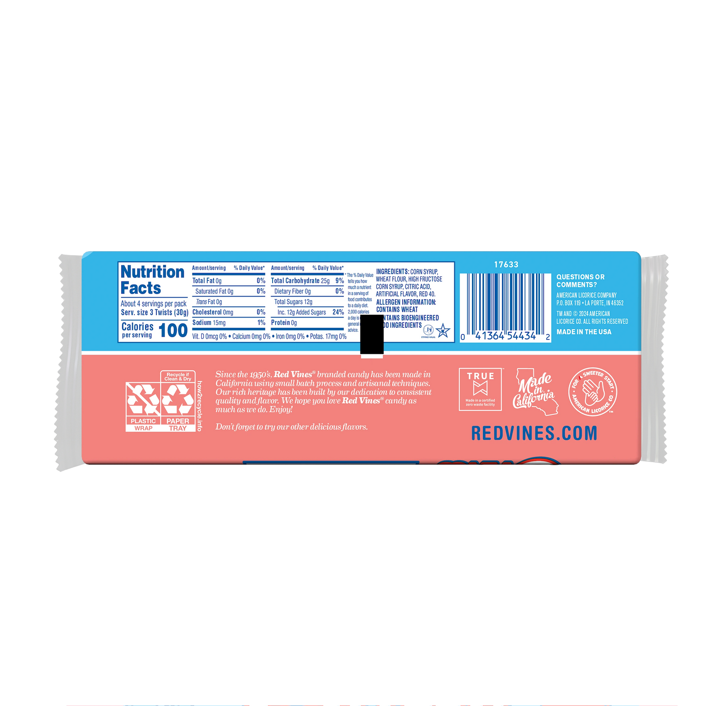 Back of Red Vines Original Red Valentines Day Candy 4oz Tray