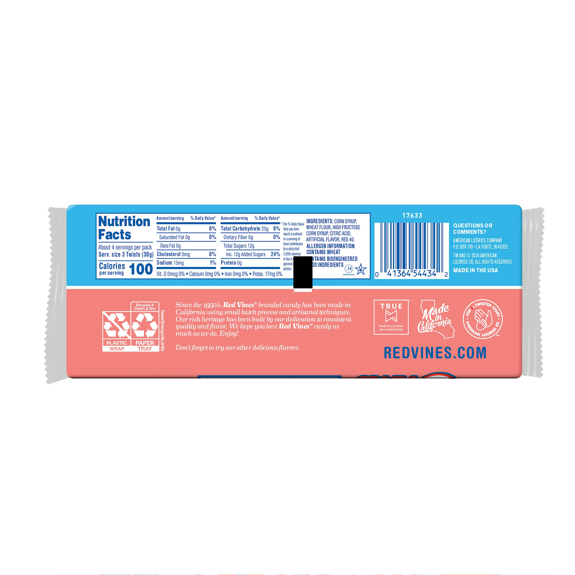 Back of Red Vines Original Red Valentines Day Candy 4oz Tray