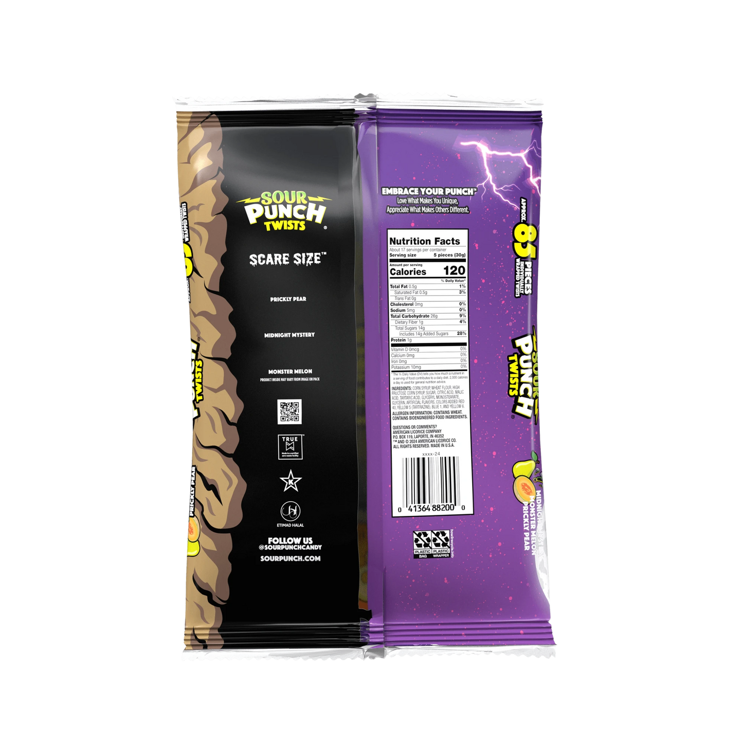 SOUR PUNCH Individually Wrapped Halloween Candy Twists - back of 18oz bag