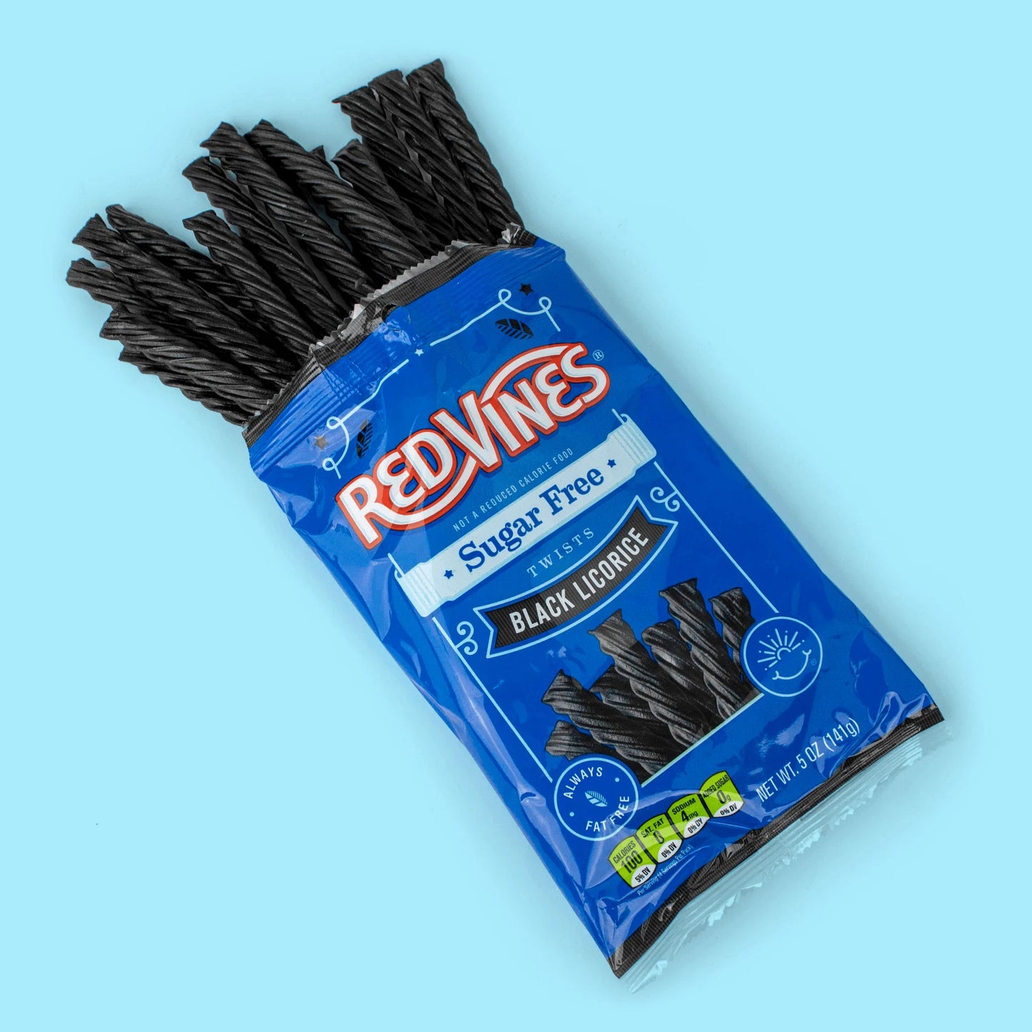 RED VINES Sugar Free Black Licorice Twists 5oz bag with black licorice popping out