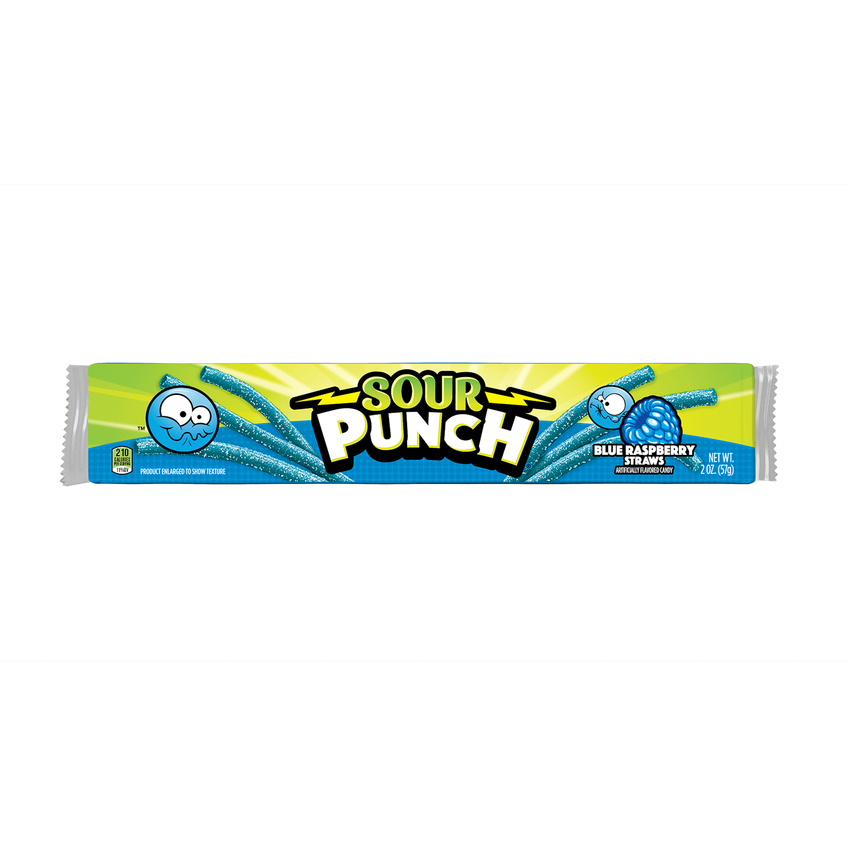 Front of Sour Punch Blue Raspberry Candy Straws 2oz Tray