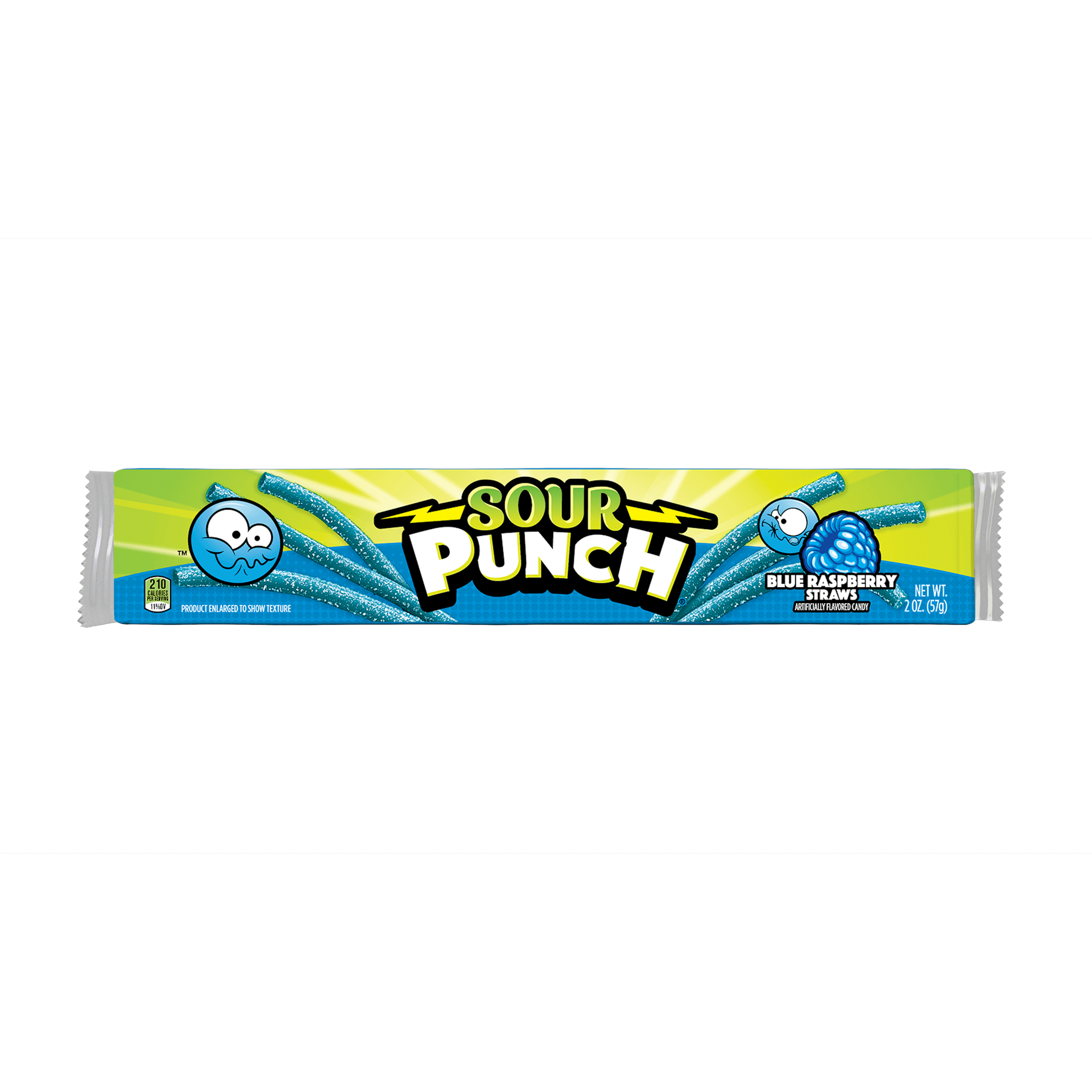 Front of Sour Punch Blue Raspberry Candy Straws 2oz Tray