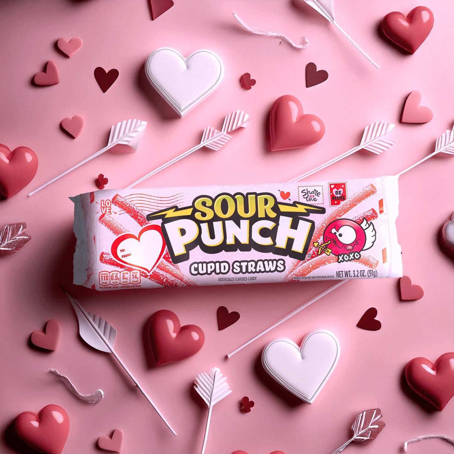 SOUR PUNCH Cupid Straws valentine candy tray on pink background with multi-colored hearts