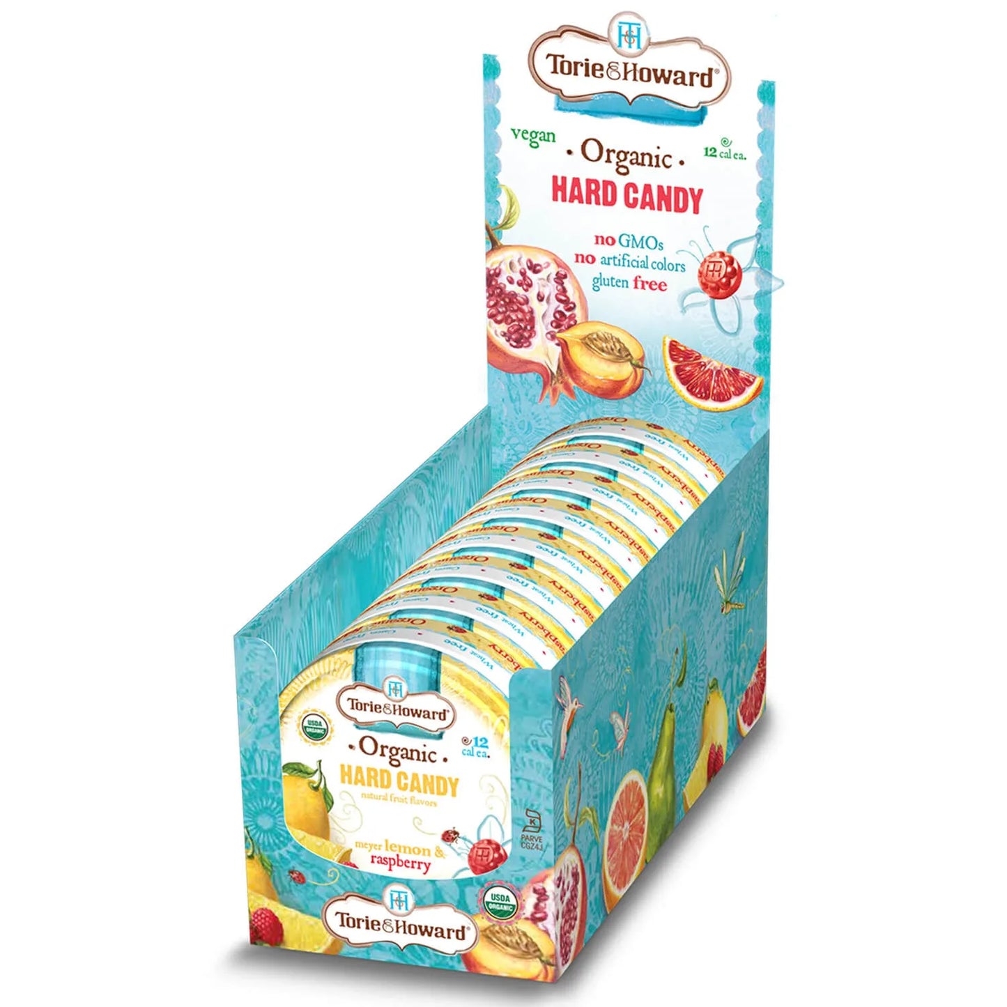 8 count caddy of Torie & Howard Meyer Lemon & Raspberry Organic Hard Candy 2oz Tins