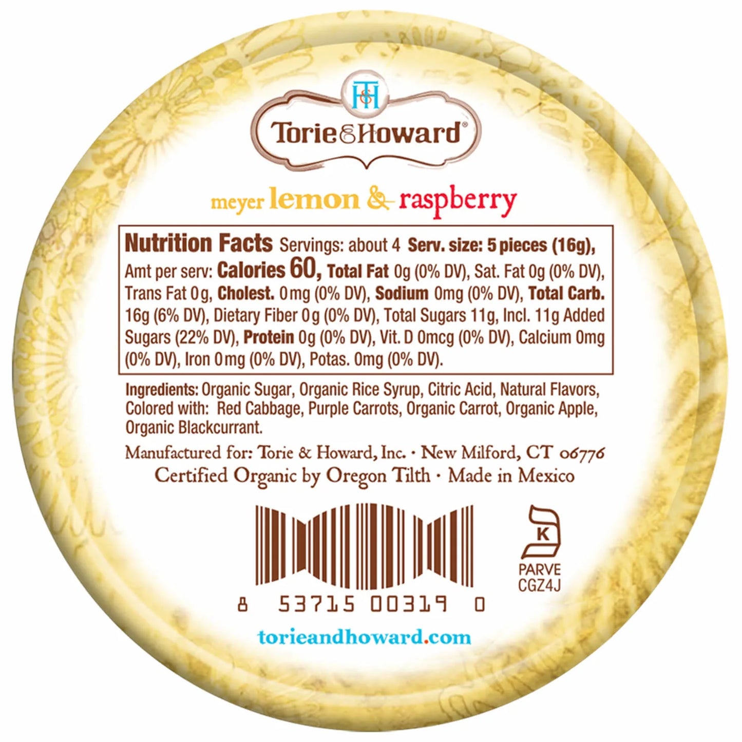 Torie & Howard Meyer Lemon & Raspberry Organic Hard Candy, Back of 2oz Tin