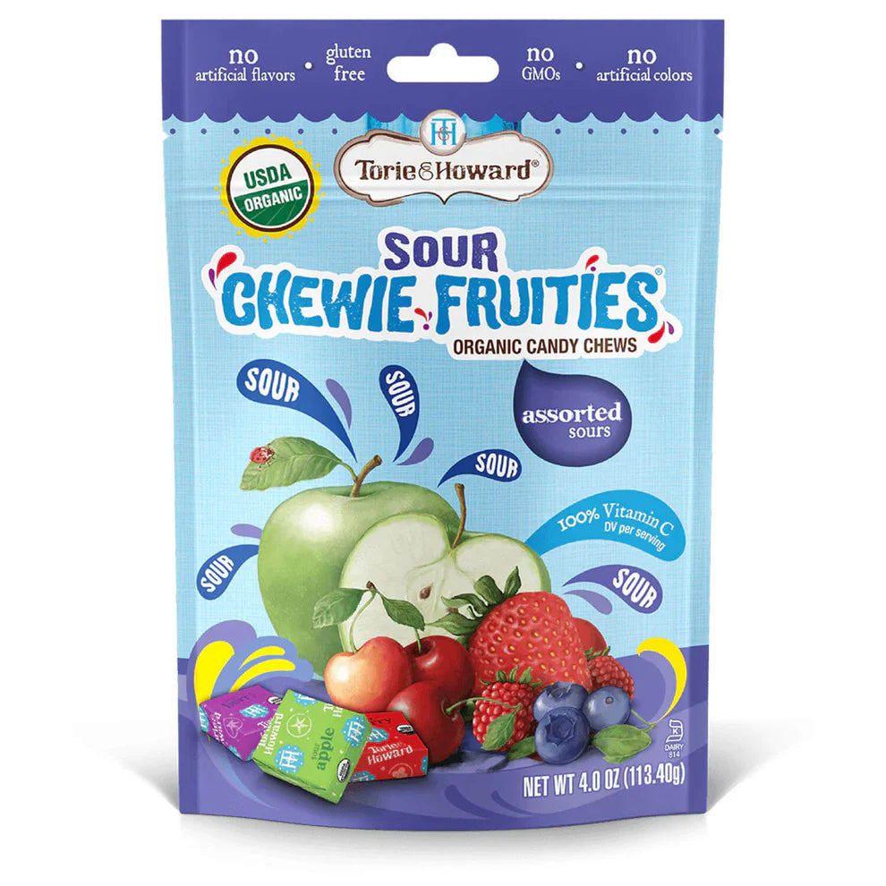 Torie & Howard Chewie Fruities Assorted Sour Fruit Candy Flavors, Front of 4oz Bag