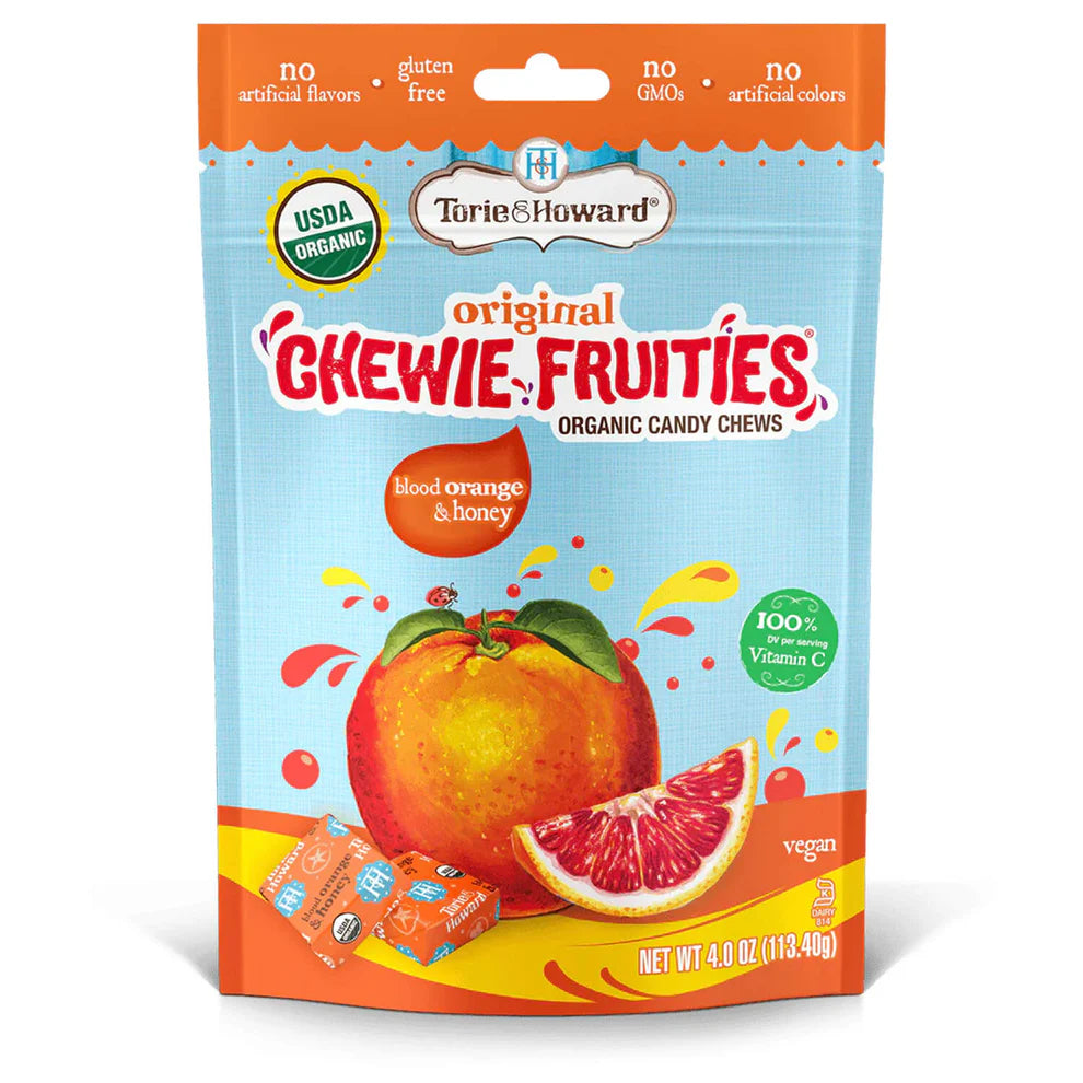 Torie & Howard Chewie Fruities Blood Orange & Honey Fruit Candy Chews, Front of 4oz Bag
