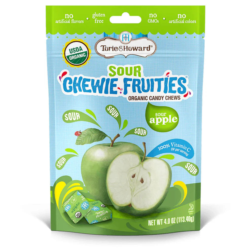 Torie & Howard Chewie Fruities Sour Apple Fruit Candy Chews, Front of 4oz Bag