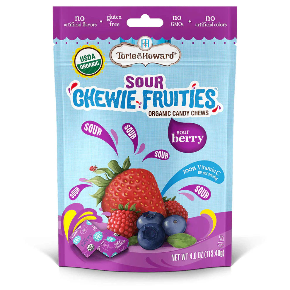 Torie & Howard Chewie Fruities Sour Berry Fruit Candy Chews, Front of 4oz Bag