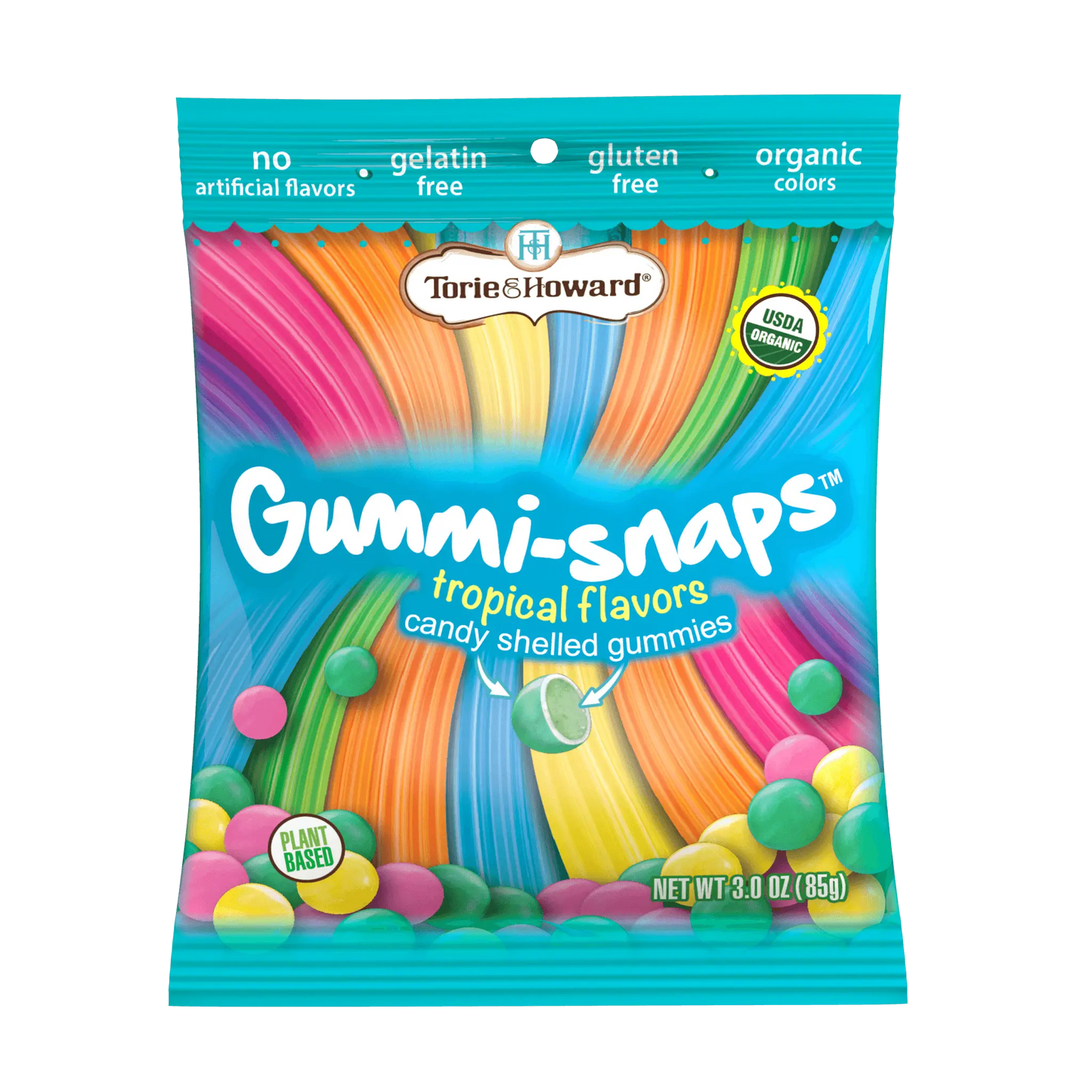 Front of Torie & Howard Gummi-Snaps Tropical Flavors candy shelled gummies Bag